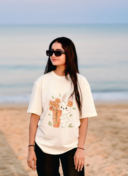 'Kawaii Bunny With Flowers' Off-white Oversized Tee For Girls
