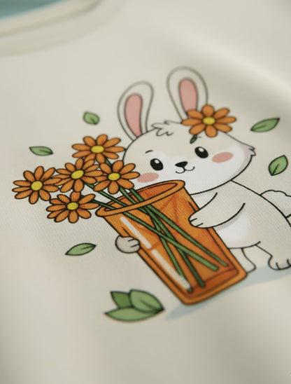'Kawaii Bunny With Flowers' Off-white Oversized Tee For Girls
