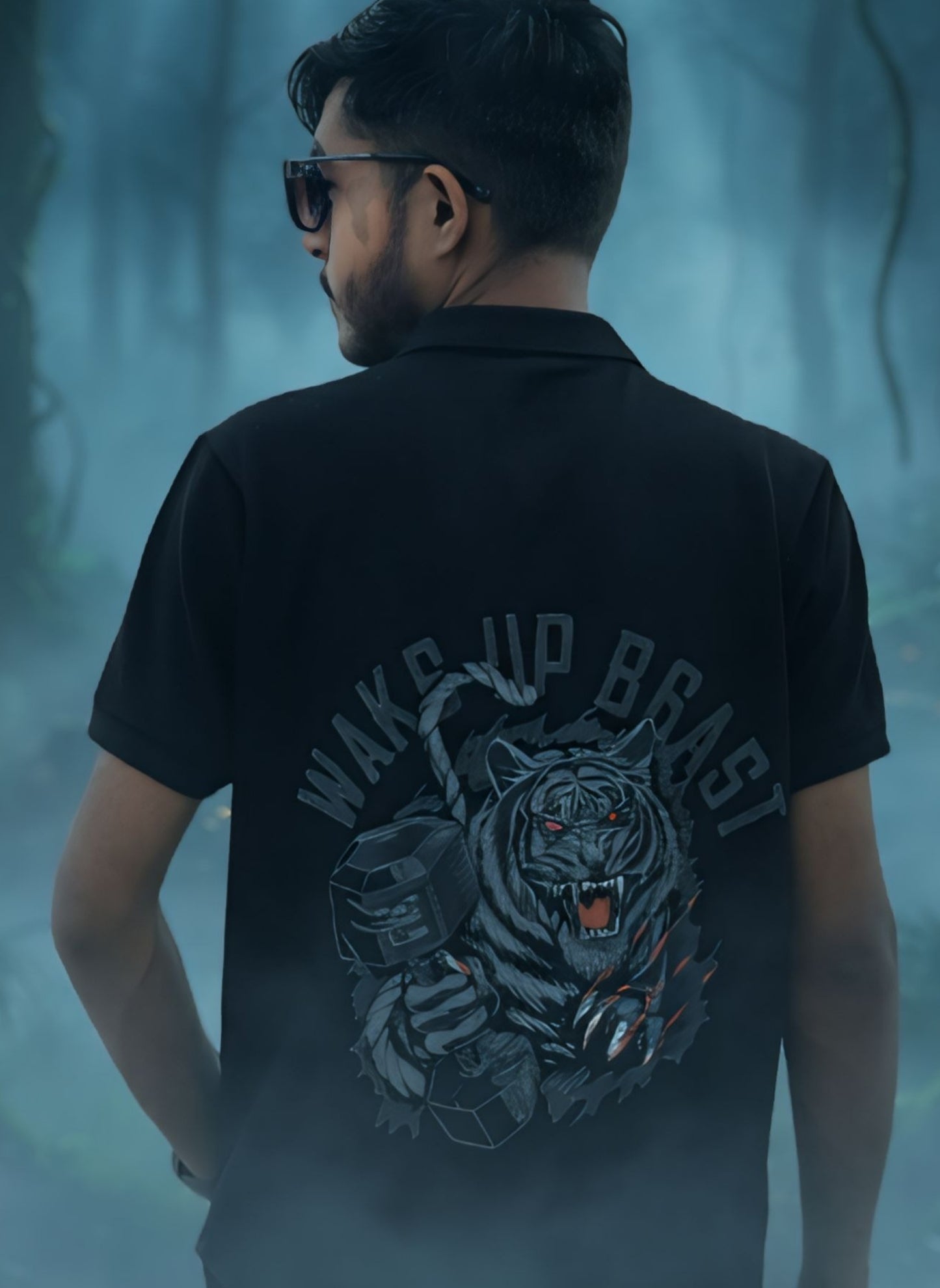 'Wake Up Beast' - Tiger Print Polo T-shirt For Men