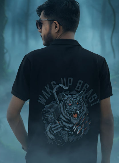 'Wake Up Beast' - Tiger Print Polo T-shirt For Men