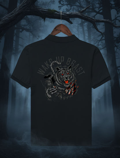 'Wake Up Beast' - Tiger Print Polo T-shirt For Men