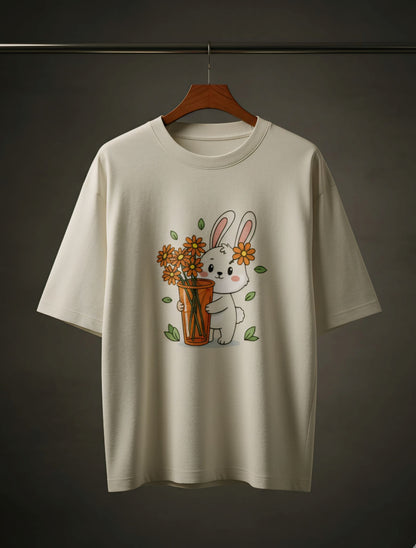 'Kawaii Bunny With Flowers' Off-white Oversized Tee For Girls